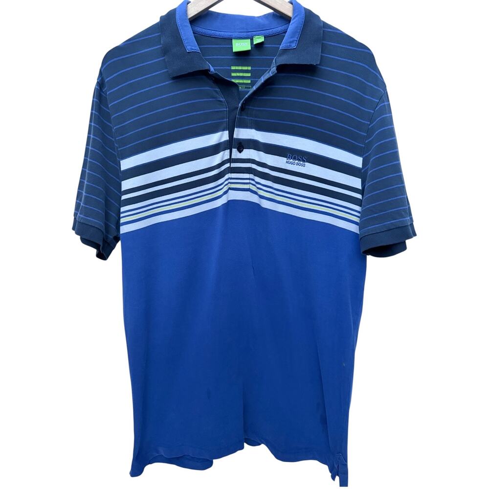 Hugo Boss Polo Shirt Mens XL Blue Striped Slim Fit Short Sleeve Designer